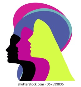 Conceptual vector picture of Women's faces with modern hairstyle, colorful logo