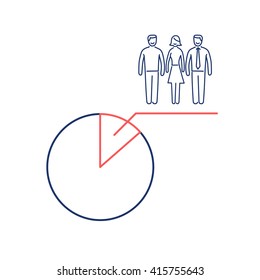 Conceptual vector population sample icon with pie chart at focus group of people | modern flat design business linear illustration and infographic concept red and blue on white background