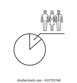 Conceptual vector population sample icon with pie chart at focus group of people | modern flat design marketing and business linear illustration and infographic concept black on white background