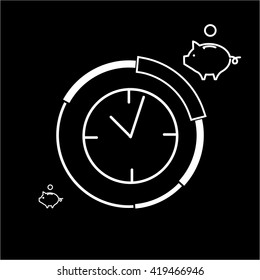 Conceptual vector prime time icon of clocks and pie chart around with different price parts and piggy money bank. design marketing and business linear illustration infographic on black background