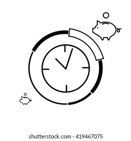 Conceptual vector prime time icon of clocks and pie chart around with different price parts and piggy money bank. flat design business illustration and infographic concept black on white background