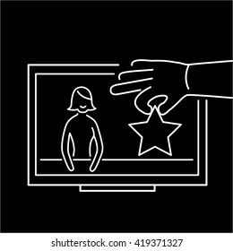 Conceptual vector product placement icon of one hand placing product in to screen. modern flat design marketing and business linear illustration and infographic concept white on black background