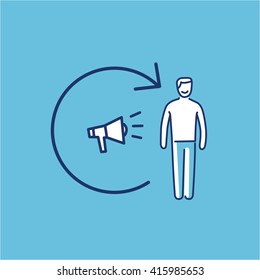 Conceptual vector remarketing icon with megaphone and customer | modern flat design marketing and business linear illustration and infographic concept on blue background