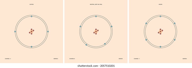 Conceptual vector representation of a boron atom and its ions: a cation with less electrons than protons and positive charge, and an anion with more electrons than protons and negative charge.