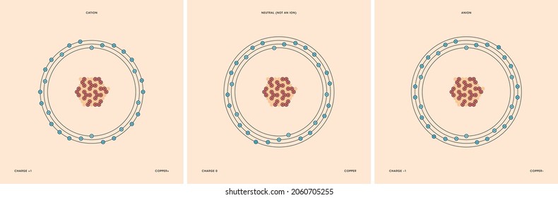 Representación conceptual vectorial de un átomo de cobre y sus iones: una catión con menos electrones que protones y carga positiva, y un anión con más electrones que protones y carga negativa.
