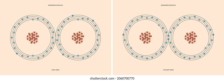 Conceptual Vector Representation Of A Manganese Molecule, Made Up Of Two Atoms, And The Types Of Chemical Bonds: Covalent, Atoms Sharing Electrons, And Ionic, An Atom Gives An Electron To Another Atom