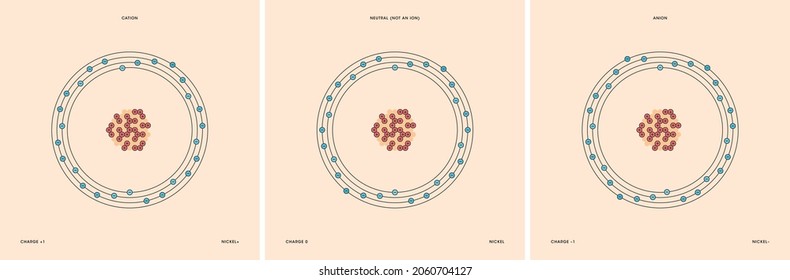 Conceptual vector representation of a nickel atom and its ions: a cation with less electrons than protons and positive charge, and an anion with more electrons than protons and negative charge.