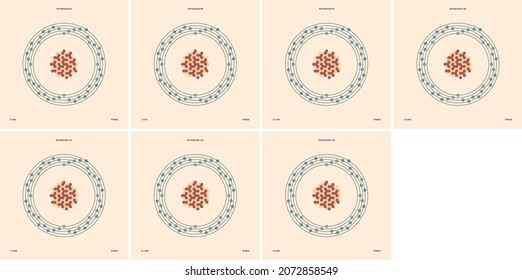 Conceptual vector representation of a ruthenium atom and its natural stable isotopes: ruthenium-96, ruthenium-98, ruthenium-99, ruthenium-100, ruthenium-101, ruthenium-102 and ruthenium-104. 