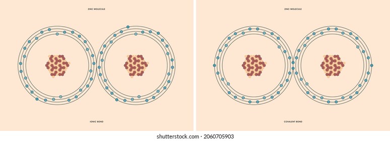 Conceptual Vector Representation Of A Zinc Molecule, Made Up Of Two Atoms, And The Types Of Chemical Bonds: Covalent, Atoms Sharing Electrons, And Ionic, An Atom Gives An Electron To Another Atom. 
