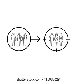 Conceptual vector retargeting icon of changing target on different focus group | modern flat design marketing and business linear illustration and infographic concept black on white background