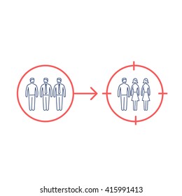 Conceptual vector retargeting icon of changing target on different focus group | modern flat design marketing and business linear illustration and infographic concept red and blue on white background