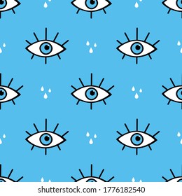 Conceptual vector seamless pattern background with eyes symbols and tears, drops.