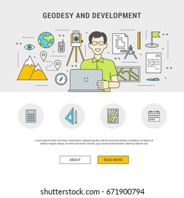 Conceptual vector set of outline flat design. Preparation of geodesy and development. The developer is man with tools and objects. For printing, web site and applications
