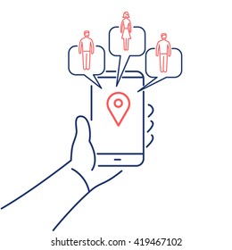 Conceptual vector solomo or social local mobile icon of smartphone in hand communicating with local social people groups. flat design business linear illustration infographic red and blue on white