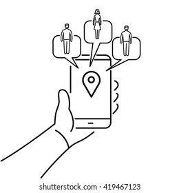 Conceptual vector solomo or social local mobile icon of smartphone in hand communicating with local social people groups. flat design marketing and business illustration infographic black on white