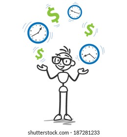 Conceptual vector stick figure illustration: Stickman juggling with dollar signs and clocks, symbolizing time is money and productivity.