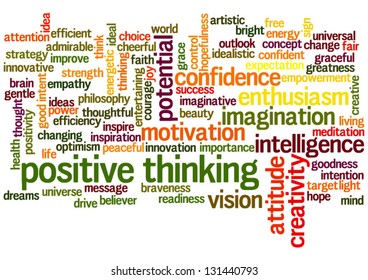 Conceptual vector of tag cloud containing words related to creativity, positive thinking, confidence, enthusiasm, imagination, inspiration, potential, optimism... Also available as raster.