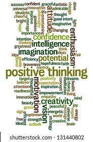 Conceptual vector of tag cloud containing words related to creativity, positive thinking, confidence, enthusiasm, imagination, inspiration, potential, optimism... Also available as raster.