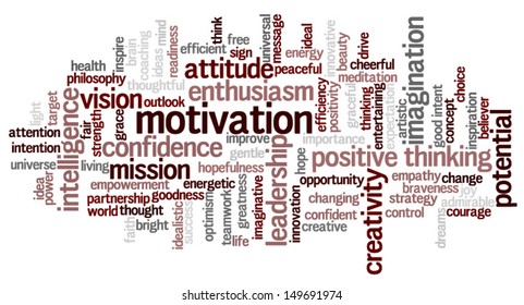 Conceptual vector of tag cloud containing words related to creativity, positive thinking, confidence, enthusiasm, imagination, inspiration, potential, optimism, motivation. Raster also available.