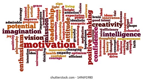 Conceptual vector of tag cloud containing words related to creativity, positive thinking, confidence, enthusiasm, imagination, inspiration, potential, optimism, motivation. Raster also available.