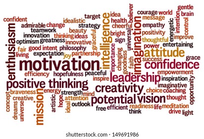 Conceptual vector of tag cloud containing words related to creativity, positive thinking, confidence, enthusiasm, imagination, inspiration, potential, optimism, motivation. Raster also available.