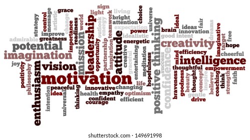 Conceptual vector of tag cloud containing words related to creativity, positive thinking, confidence, enthusiasm, imagination, inspiration, potential, optimism, motivation. Raster also available.