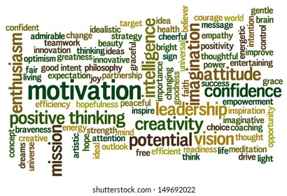 Conceptual vector of tag cloud containing words related to creativity, positive thinking, confidence, enthusiasm, imagination, inspiration, potential, optimism, motivation. Raster also available.