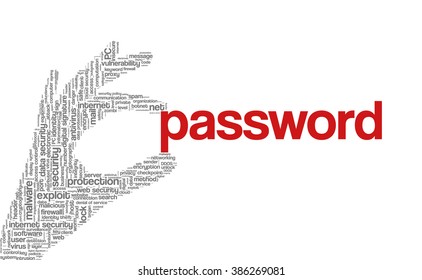 Conceptual vector of tag cloud containing words related to internet, data, web and network security, data protection, security policy and privacy; in shape of hand holding word "password"