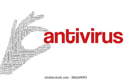 Conceptual vector of tag cloud containing words related to internet, data, web and network security, data protection, security policy and privacy; in shape of hand holding word "antivirus"