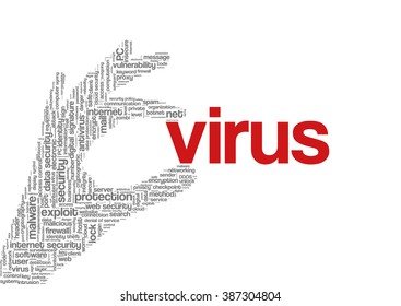 Conceptual vector of tag cloud containing words related to internet, data, web and network security, data protection, security policy and privacy; in shape of hand holding word "virus"