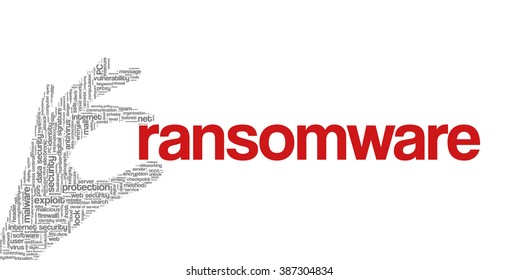 Conceptual vector of tag cloud containing words related to internet, data, web and network security, data protection, security policy and privacy; in shape of hand holding word "ransomware"