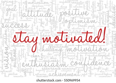 Conceptual vector of tag cloud containing words related to creativity, positive thinking, confidence, enthusiasm, imagination, inspiration, potential, optimism... "Stay motivated!" emphasized.