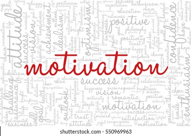 Conceptual vector of tag cloud containing words related to creativity, positive thinking, confidence, enthusiasm, imagination, inspiration, potential, optimism... Word "motivation" emphasized.