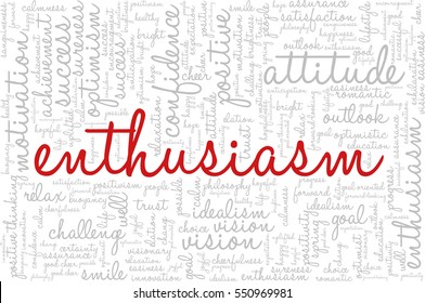 Conceptual vector of tag cloud containing words related to creativity, positive thinking, confidence, enthusiasm, imagination, inspiration, potential, optimism... Word "enthusiasm" emphasized.