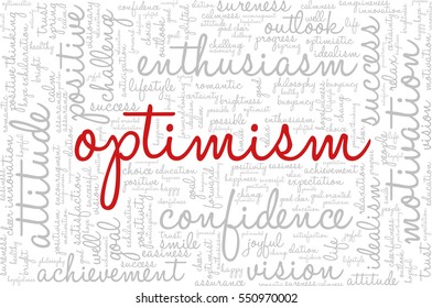Conceptual vector of tag cloud containing words related to creativity, positive thinking, confidence, enthusiasm, imagination, inspiration, potential, optimism... Word "optimism" emphasized.