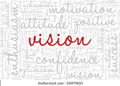 Conceptual vector of tag cloud containing words related to creativity, positive thinking, confidence, enthusiasm, imagination, inspiration, potential, optimism... Word "vision" emphasized.