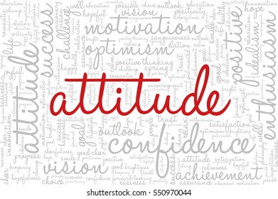 Conceptual vector of tag cloud containing words related to creativity, positive thinking, confidence, enthusiasm, imagination, inspiration, potential, optimism... Word "attitude" emphasized.