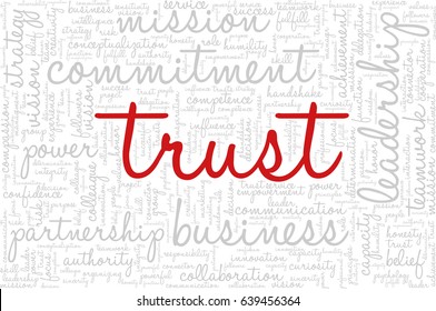 Conceptual vector of tag cloud containing words related to creativity, positive thinking, confidence, enthusiasm, imagination, inspiration, potential, optimism... Word "trust" emphasized.