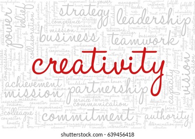 Conceptual vector of tag cloud containing words related to creativity, positive thinking, confidence, enthusiasm, imagination, inspiration, potential, optimism... Word "creativity" emphasized.