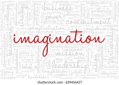 Conceptual vector of tag cloud containing words related to creativity, positive thinking, confidence, enthusiasm, imagination, inspiration, potential, optimism... Word "imagination" emphasized.