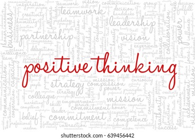Conceptual vector of tag cloud containing words related to creativity, positive thinking, confidence, enthusiasm, imagination, inspiration, potential, optimism... Words "positive thinking" emphasized.