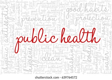 Conceptual vector of tag cloud containing words related to personal and public hygiene, health and body care. Words "public health" emphasized.