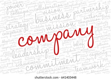 Conceptual vector of tag cloud containing words related to creativity, positive thinking, confidence, enthusiasm, imagination, inspiration, potential, optimism... Word "company" emphasized.