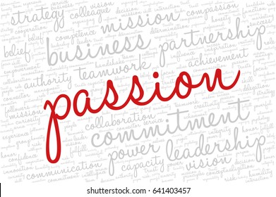 Conceptual vector of tag cloud containing words related to creativity, positive thinking, confidence, enthusiasm, imagination, inspiration, potential, optimism... Word "passion" emphasized.