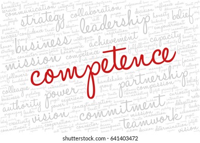 Conceptual vector of tag cloud containing words related to creativity, positive thinking, confidence, enthusiasm, imagination, inspiration, potential, optimism... Word "competence" emphasized.