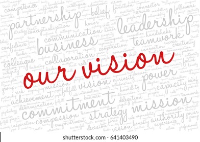 Conceptual vector of tag cloud containing words related to creativity, positive thinking, confidence, enthusiasm, imagination, inspiration, potential, optimism... Words "our vision" emphasized.