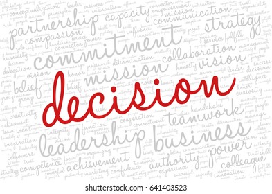 Conceptual vector of tag cloud containing words related to creativity, positive thinking, confidence, enthusiasm, imagination, inspiration, potential, optimism... Word "decision" emphasized.