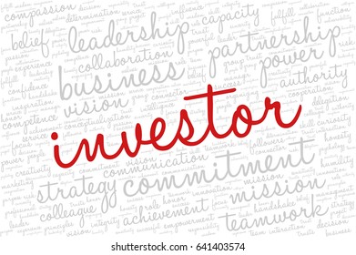 Conceptual vector of tag cloud containing words related to creativity, positive thinking, confidence, enthusiasm, imagination, inspiration, potential, optimism... Word "investor" emphasized.