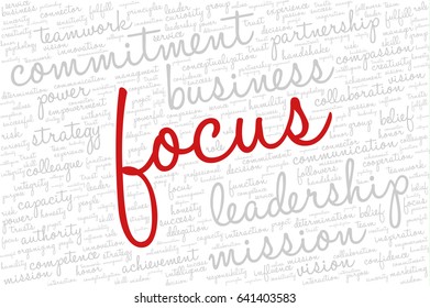 Conceptual vector of tag cloud containing words related to creativity, positive thinking, confidence, enthusiasm, imagination, inspiration, potential, optimism... Word "focus" emphasized.