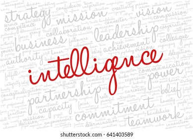 Conceptual vector of tag cloud containing words related to creativity, positive thinking, confidence, enthusiasm, imagination, inspiration, potential, optimism... Word "intelligence" emphasized.